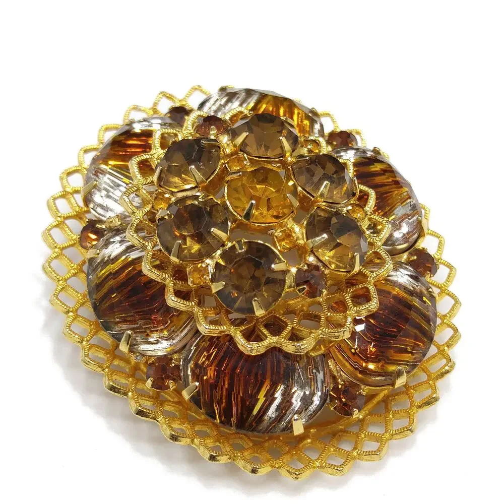 Light Dark Topaz Rhinestones Filigree Brooch, Art Glass, Two Tiered Oval Pin